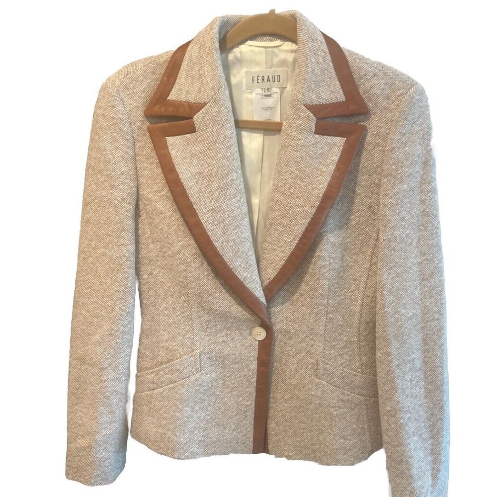 Feraud Blazer Vintage Wool Leather Trim Tweed Fitted Jacket Tan